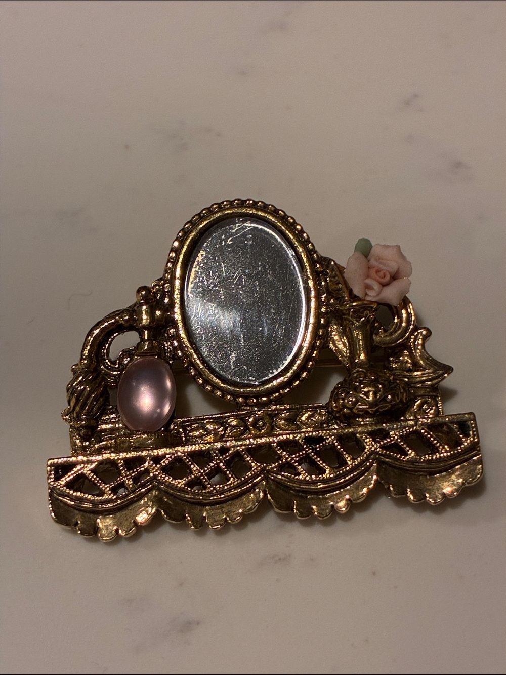 Gold-Tone Vintage-Inspired Vanity Brooch with Pink Pearl and Rose Accent  and